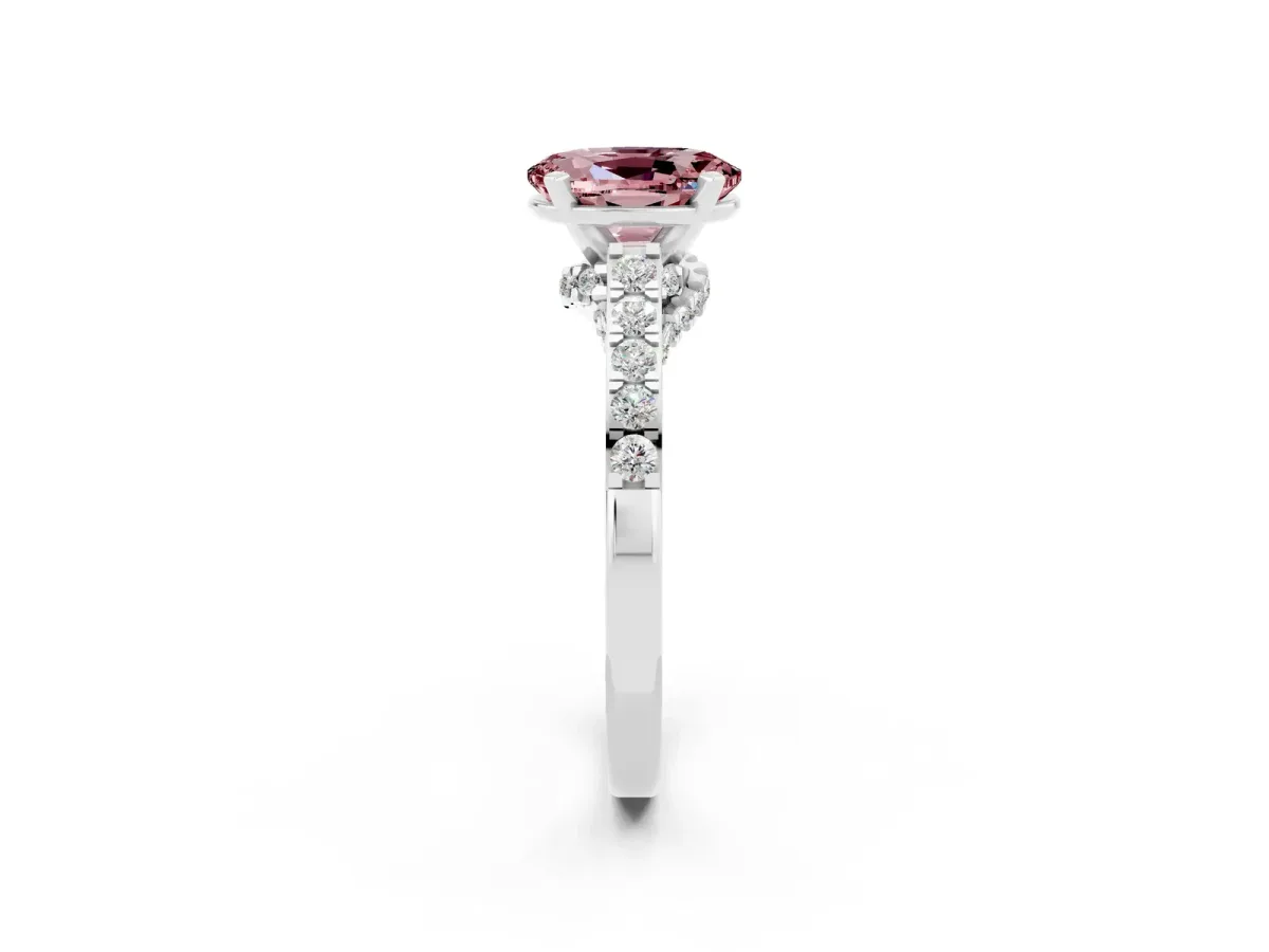 Oval Cut Morganite Solitaire Ring with Crossover Gallery and Round Pavé Band Silver