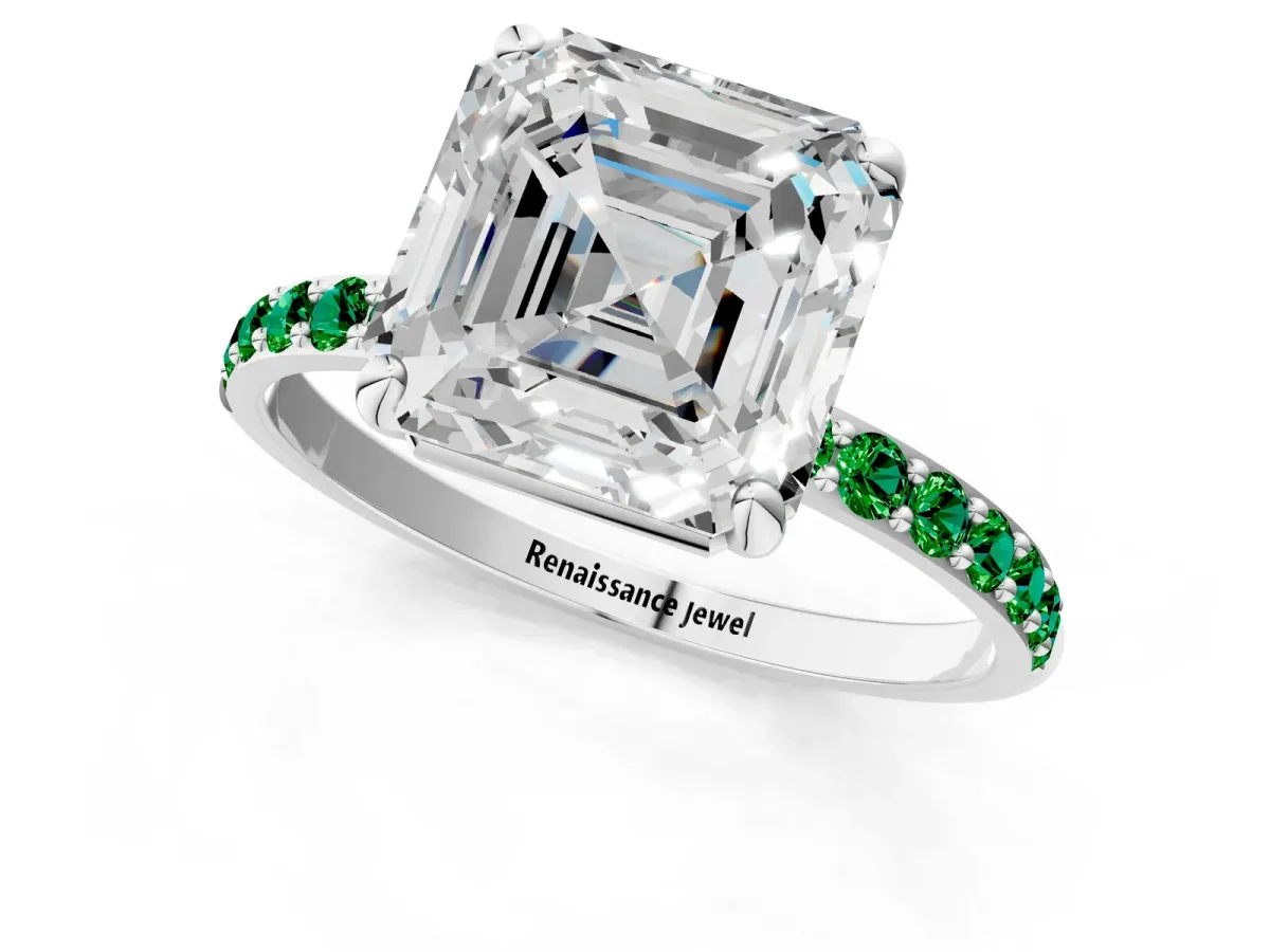 Asscher Cut Diamond Solitaire Ring with Round Emerald Pavé Band and Prong Setting Silver