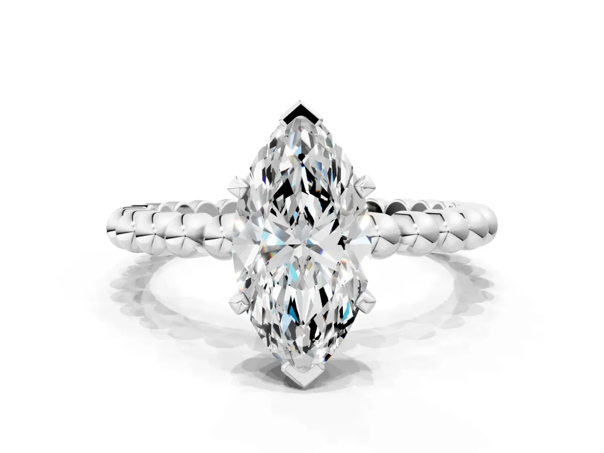 Marquise Cut Diamond Solitaire Ring with Beaded Band and Prong Setting Silver