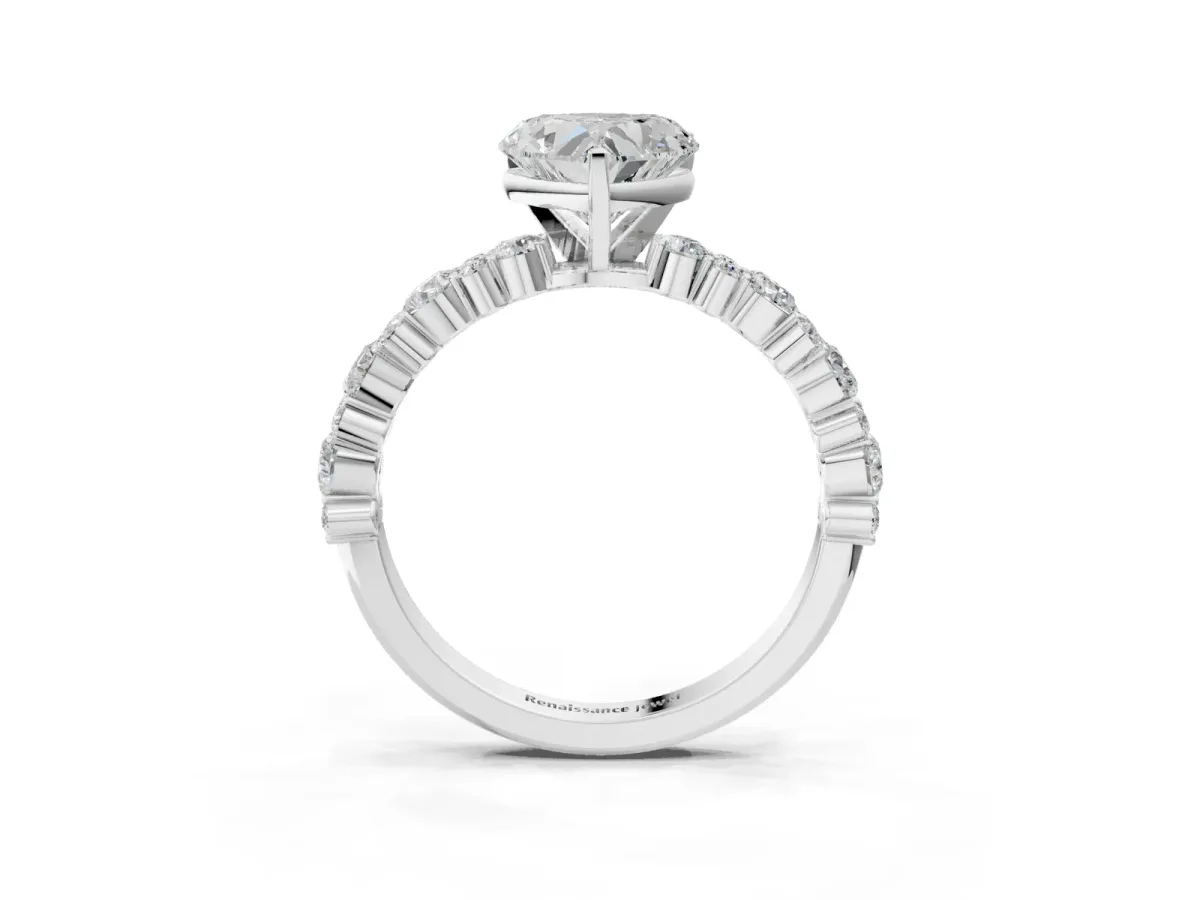 Heart Cut Diamond Side Stone Solitaire Ring with Round and Four-Prong Setting White gold