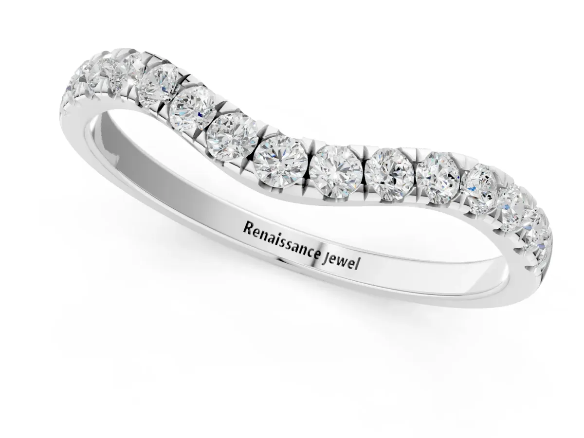 Curved Pavé Round Diamond Wedding Band with Shared Prong Setting Silver