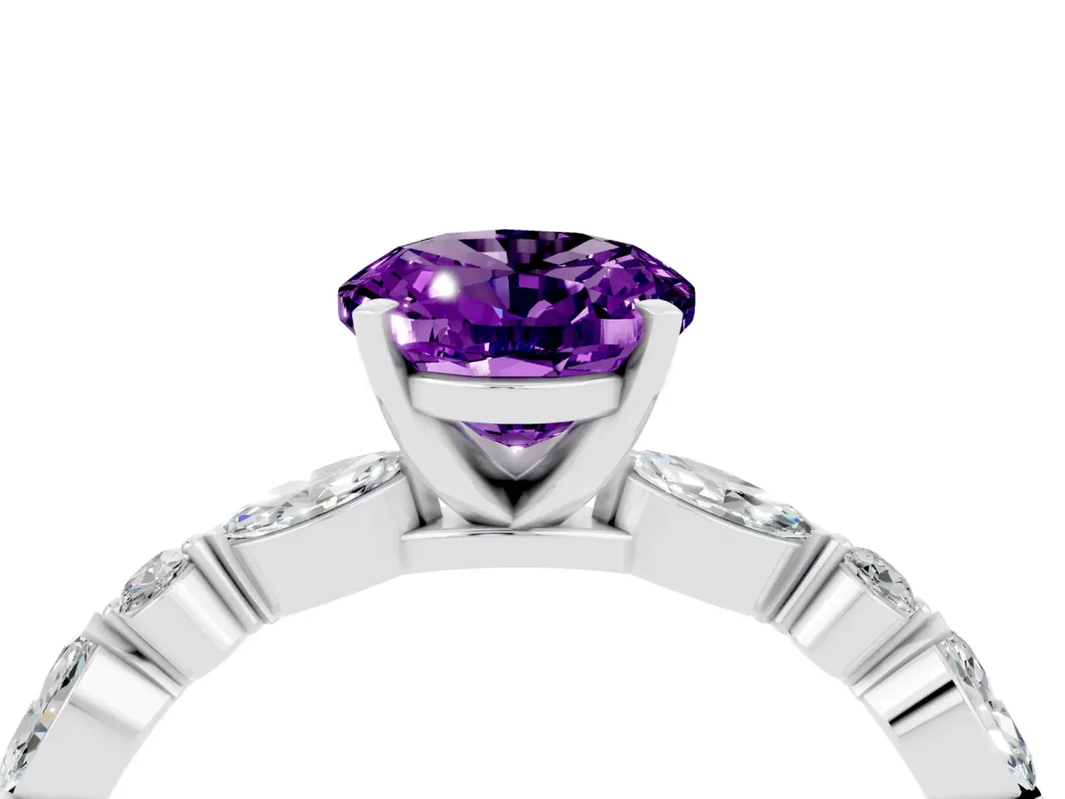 Oval Cut Amethyst Ring with Marquise and Round Side Stones and Four-Prong Setting Silver