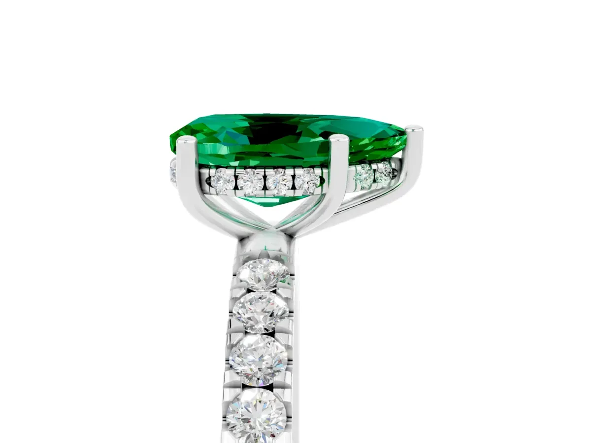 Pear Cut Emerald Pave Band Solitaire Ring with Round and Prong Setting White gold