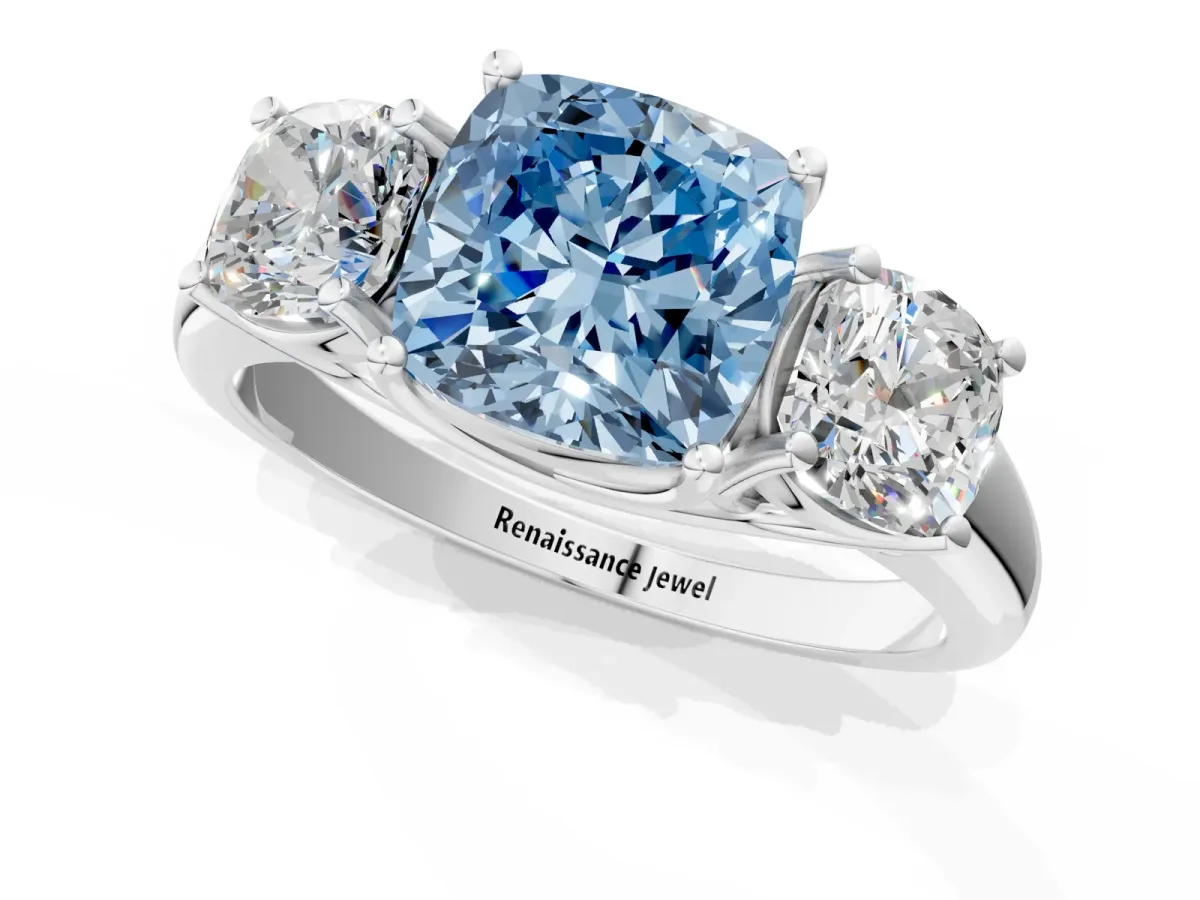 Fancy Blue Three-Stone Cushion Cut Diamond Engagement Ring with Prong Setting White gold