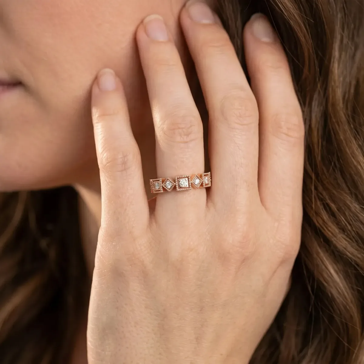 Milgrain Square Diamond Eternity Band with Bezel Setting Rose gold