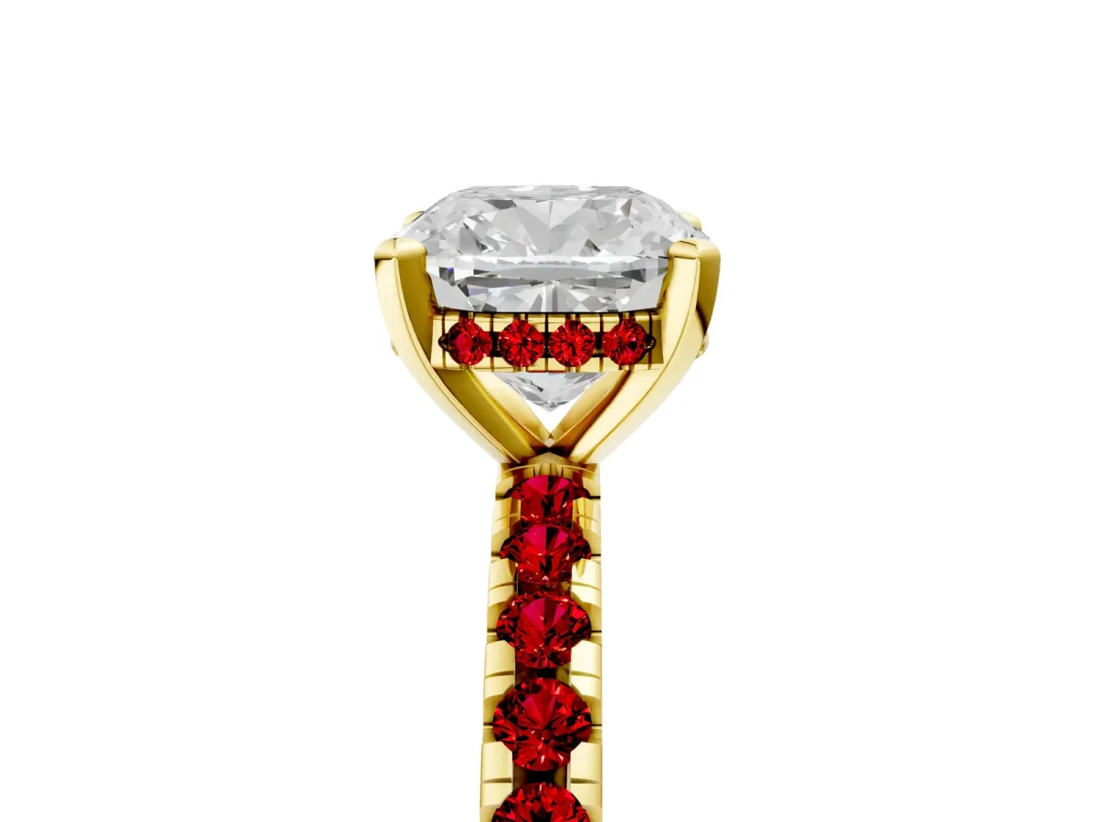 Cushion Cut Diamond Solitaire Ring with Round Ruby Pavé Band and Four-Prong Setting Yellow gold