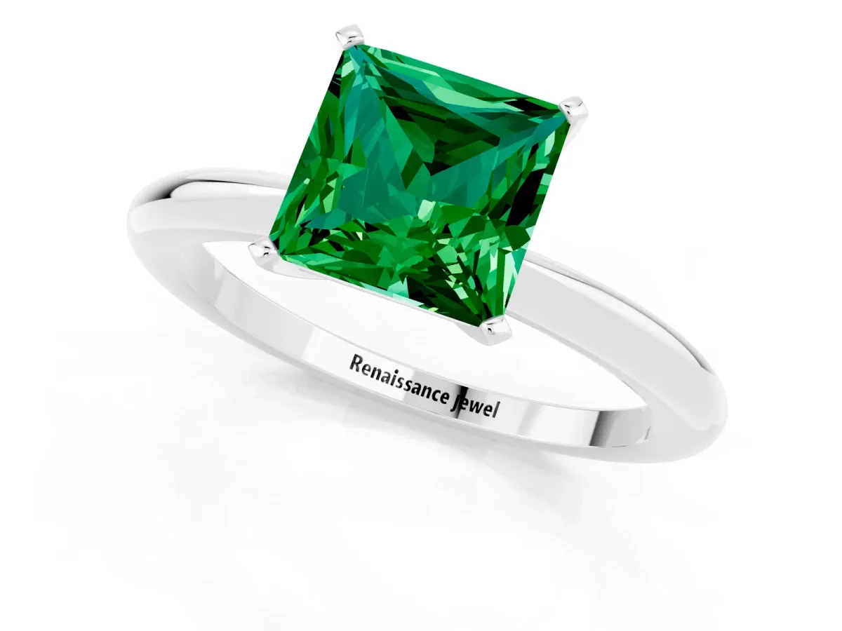 Princess Cut Emerald Solitaire Ring with Six-Prong Setting and Classic Band Platinum