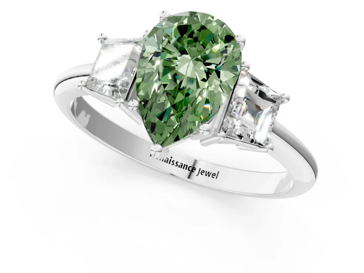 Fancy Green Pear Cut Diamond Three-Stone Ring with Trapezoid Side Stones and Prong Setting Silver
