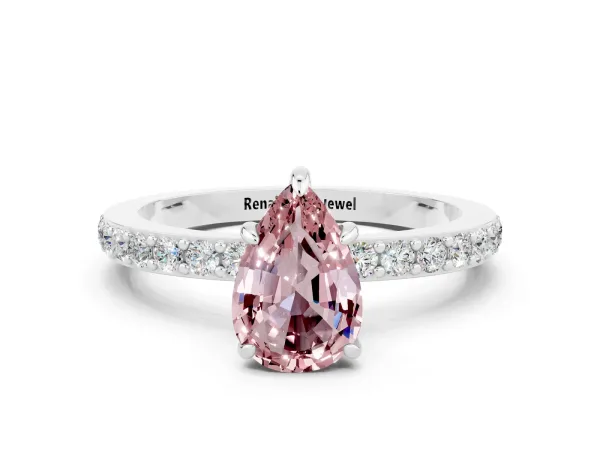 Pear Cut Morganite Solitaire Engagement Ring with Pavé Band and Four-Prong Setting Platinum