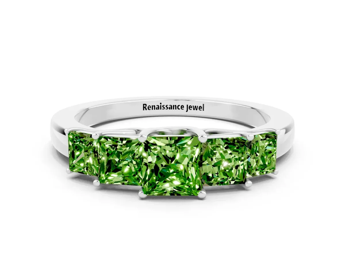 Princess Cut Five-Stone Peridot Ring with Classic Prong Setting Silver