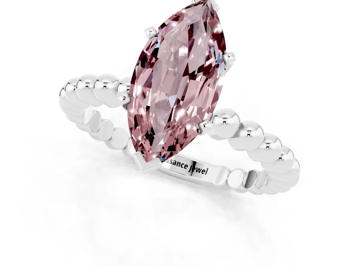 Marquise Cut Morganite Solitaire Ring with Beaded Band and Prong Setting Platinum