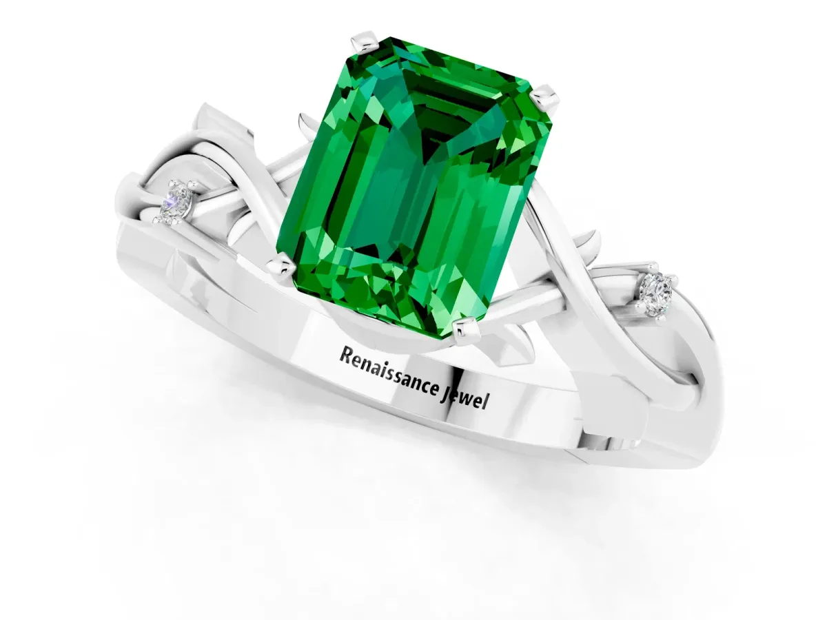 Emerald Cut Emerald Solitaire Ring with Twisted Band and Prong Setting Platinum