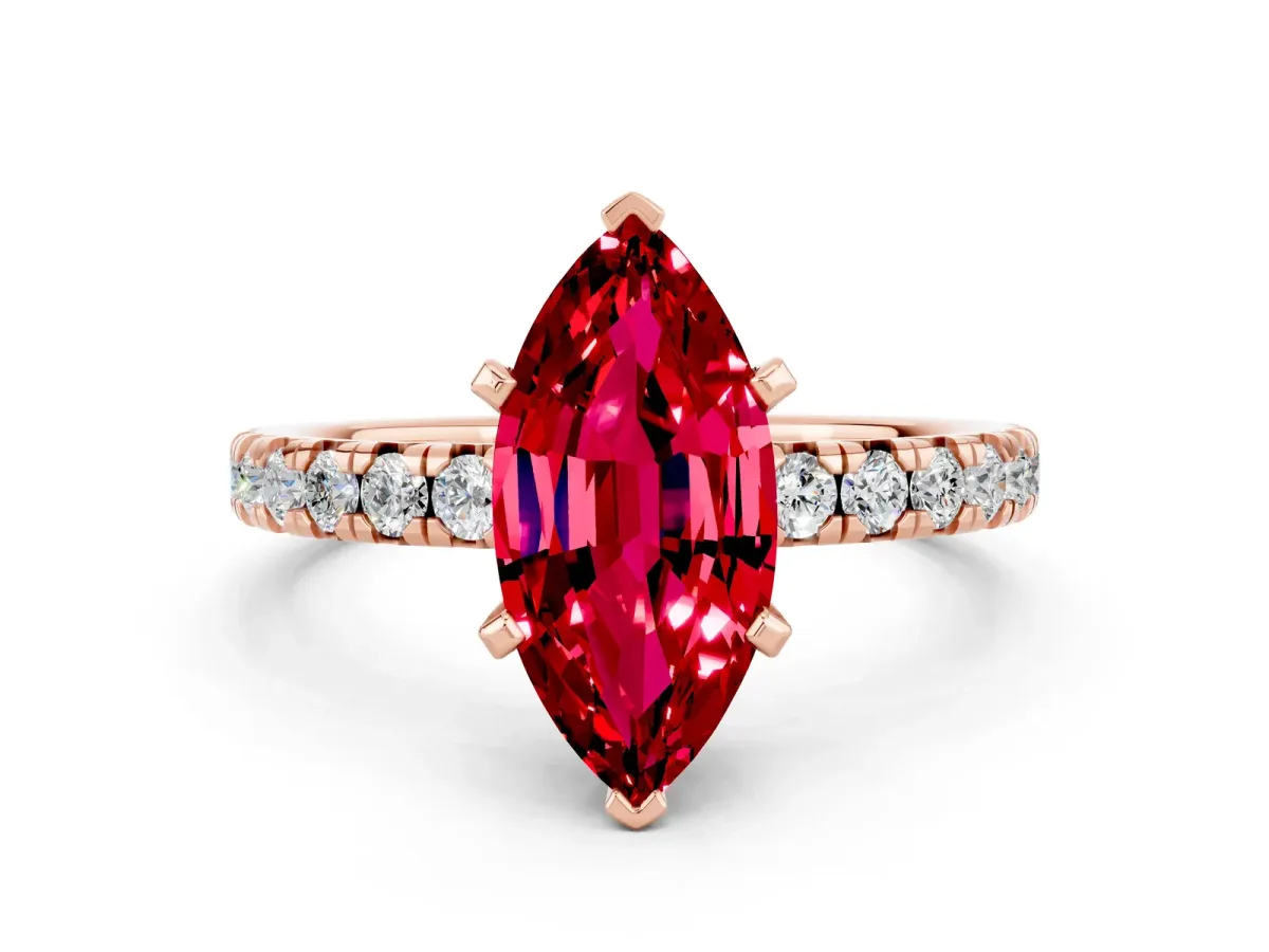 Marquise Cut Ruby Solitaire Pavé Engagement Ring with Round Band and Prong Setting Rose gold
