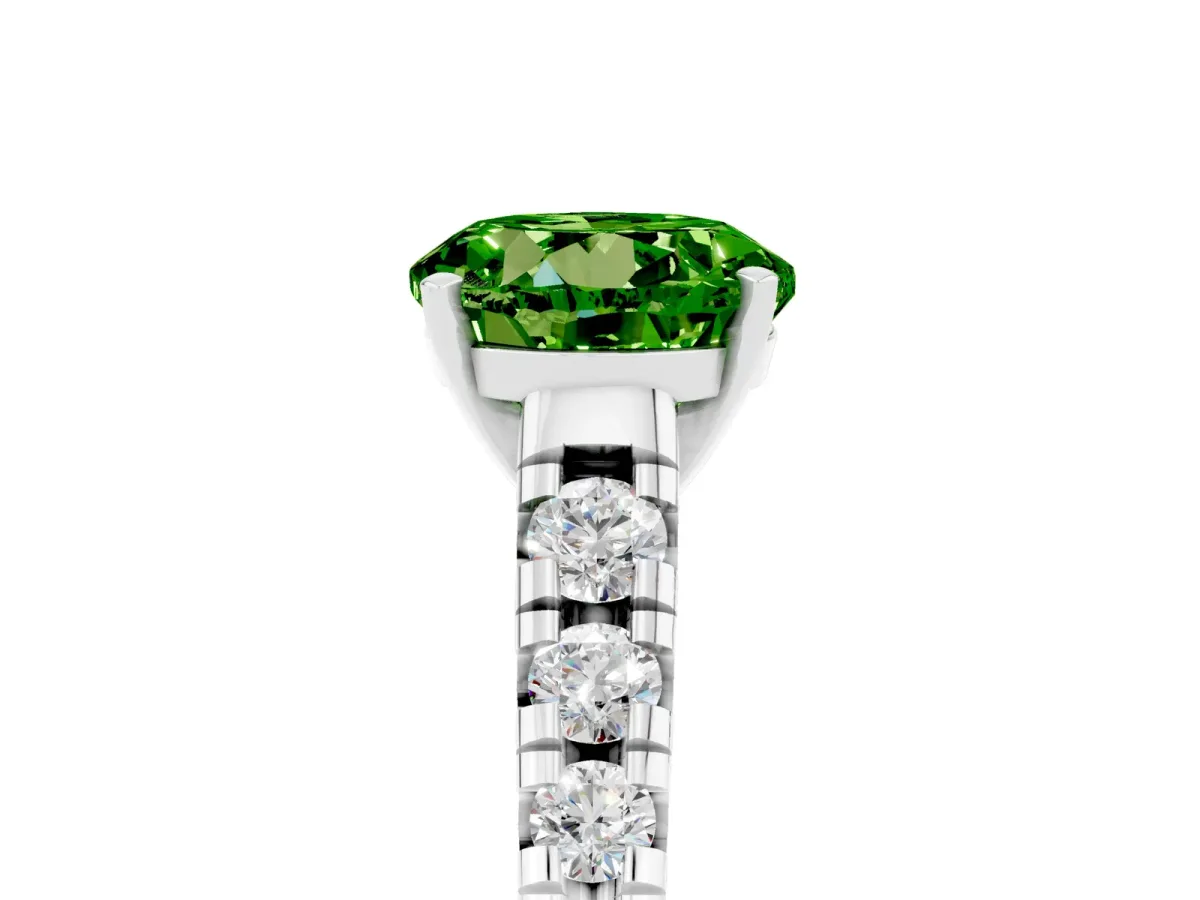 Round Cut Peridot Cathedral Solitaire Ring with Round Pavé Band Silver