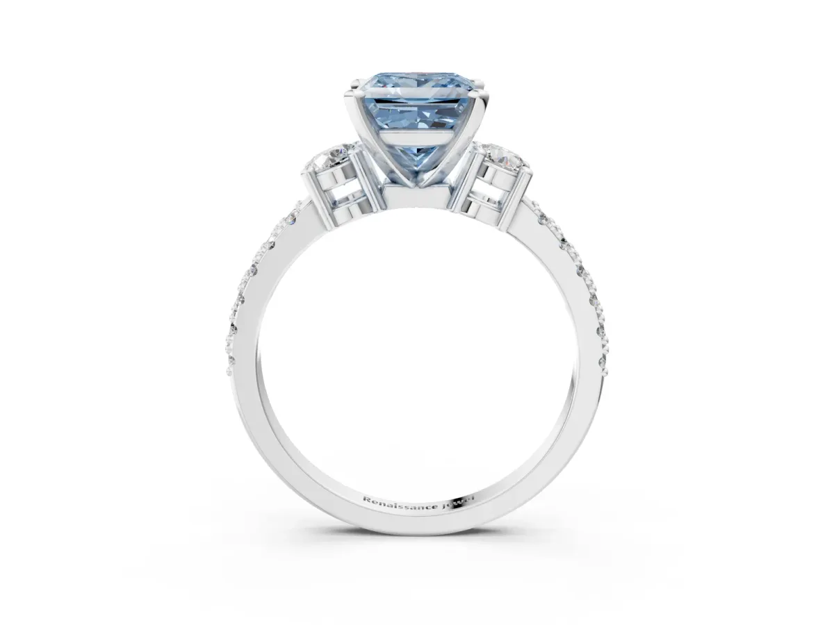 Fancy Blue Princess Cut Cut Three-Stone Diamond Pavé Band with Prong Setting Platinum