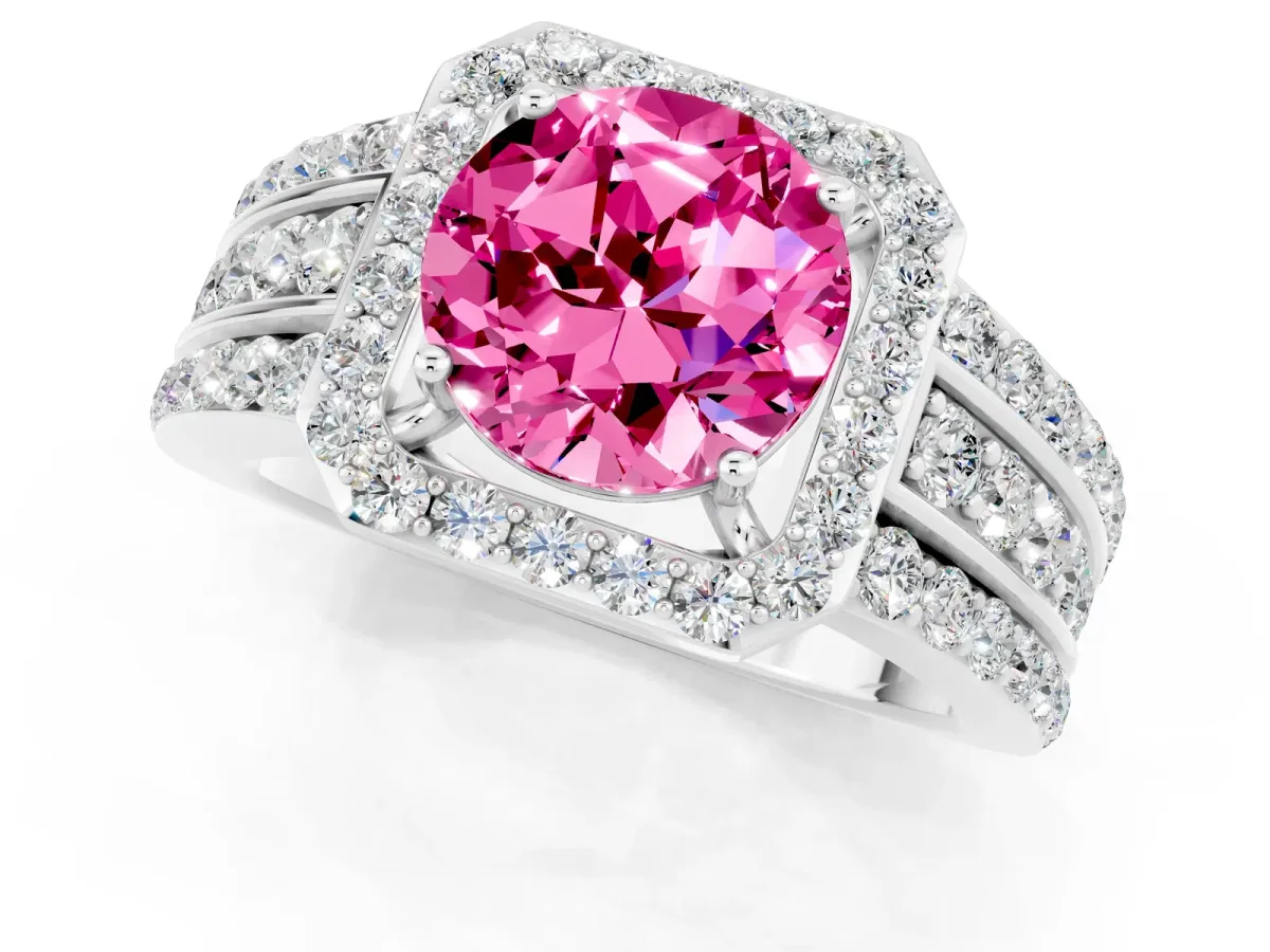 Round Cut Halo Pink Sapphire Ring with Round Split Shank and Prong Setting Platinum