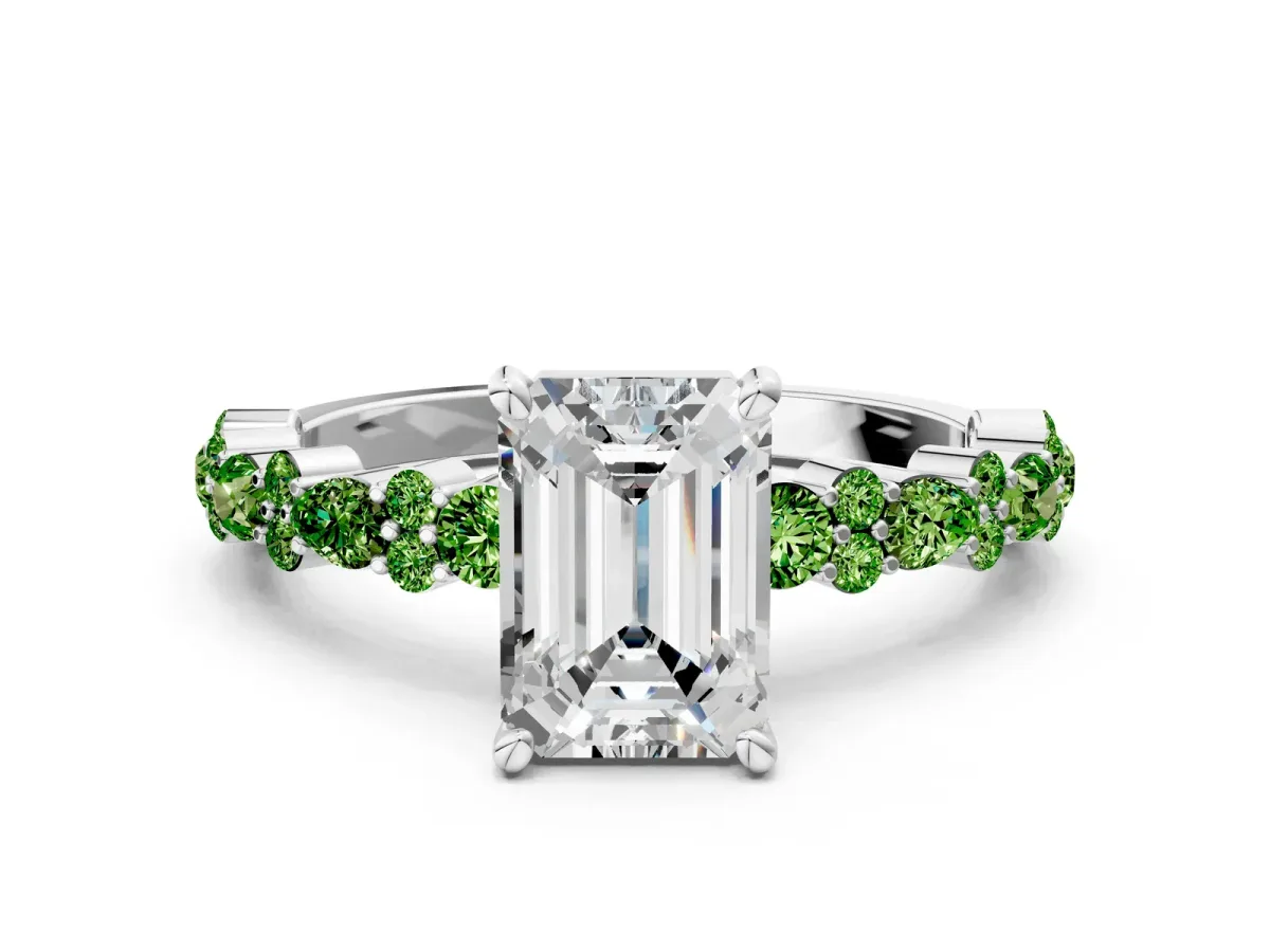 Emerald Cut Diamond Side Stone Solitaire Ring with Round Peridot and Four-Prong Setting Silver
