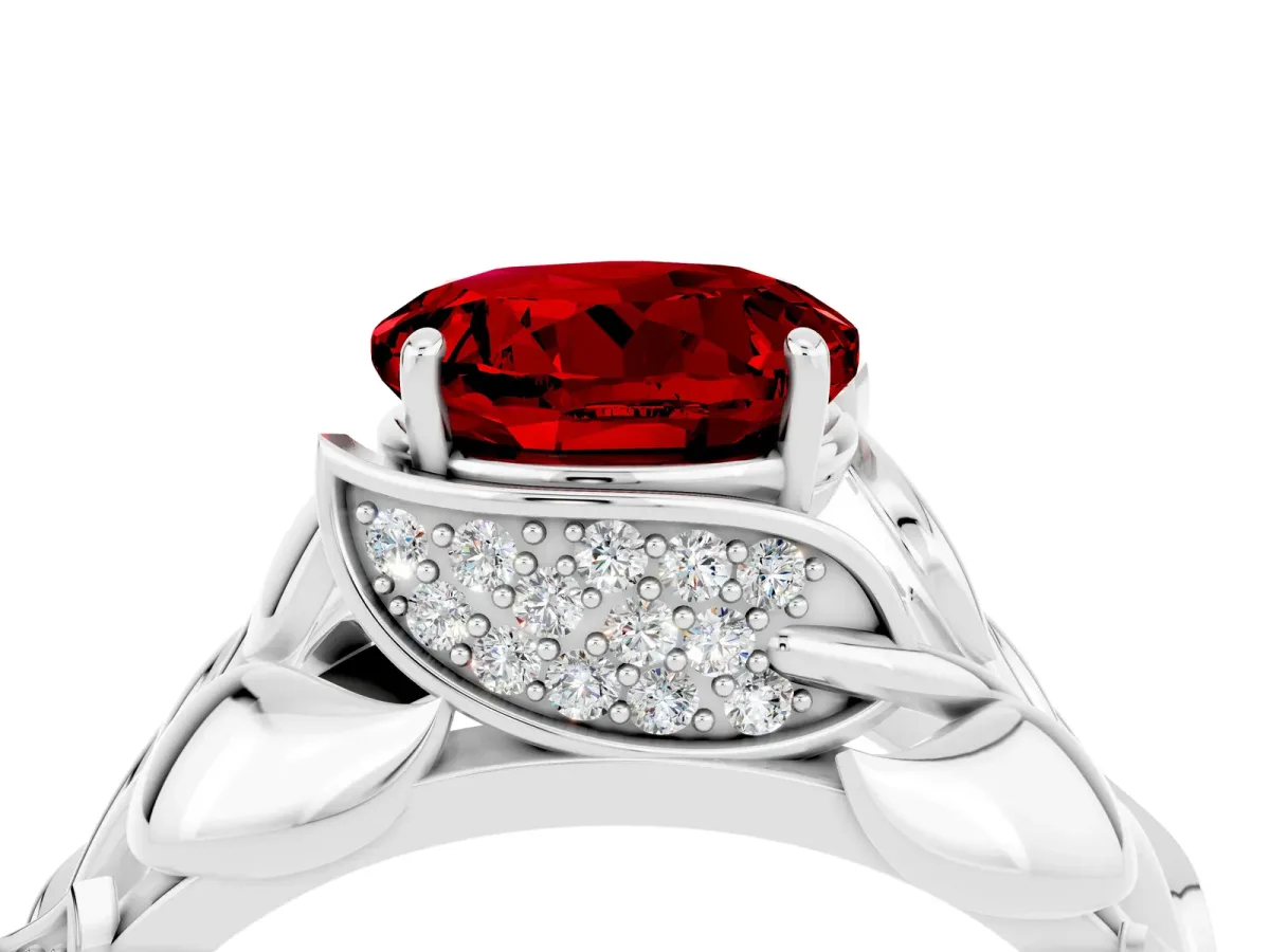Round Cut Ruby Leaf-Inspired Engagement Ring with Round Accents and Prong Setting Silver