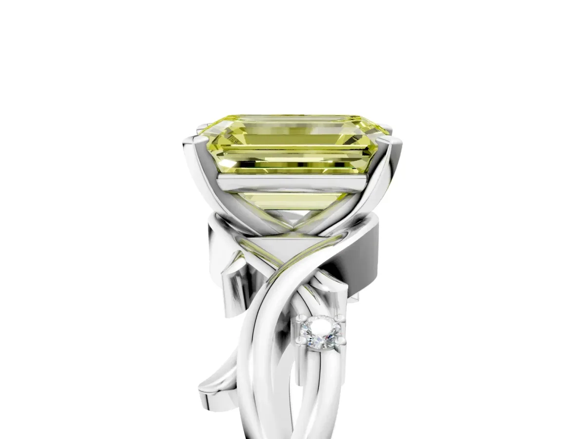 Fancy Yellow Emerald Cut Diamond Solitaire Ring with Twisted Band and Prong Setting White gold