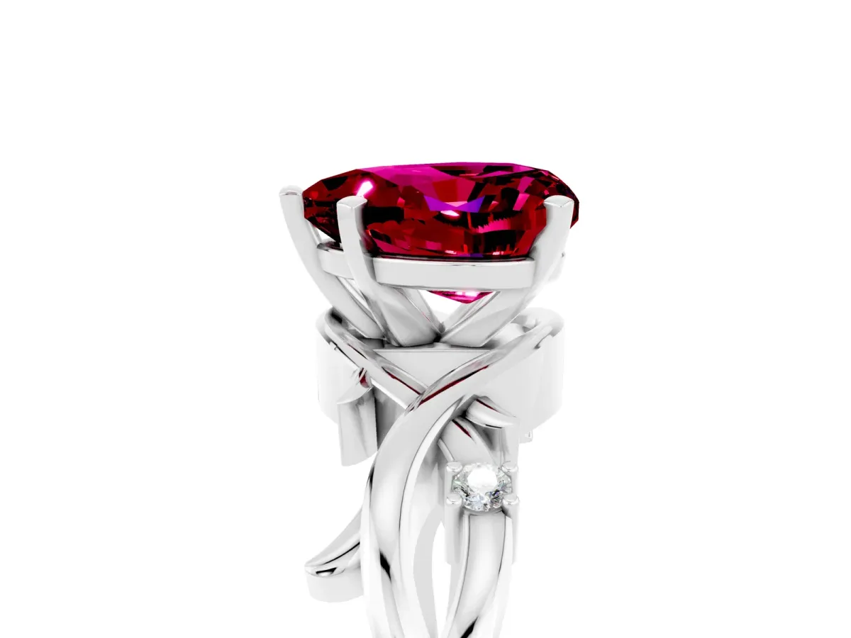 Heart Cut Garnet Solitaire Ring with Twisted Band and Prong Setting Platinum