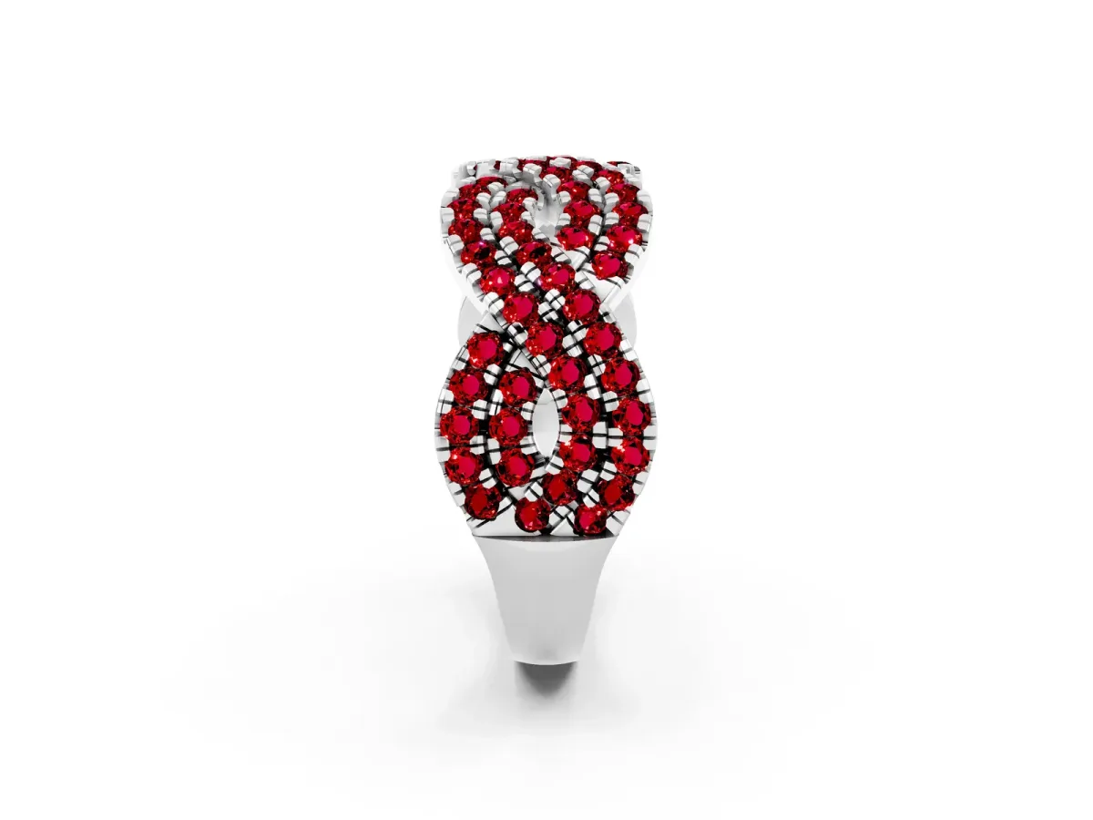 Pavé Round Ruby Infinity Twist Band with Shared Prong Setting Platinum