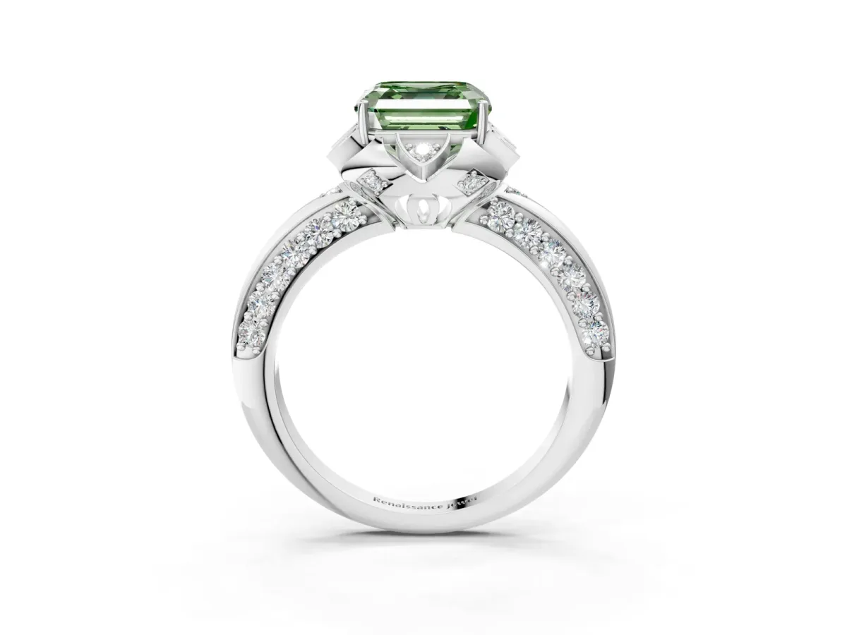 Fancy Green Asscher Cut Halo Split Shank Pave Diamond Ring with Petal Prong Setting Silver