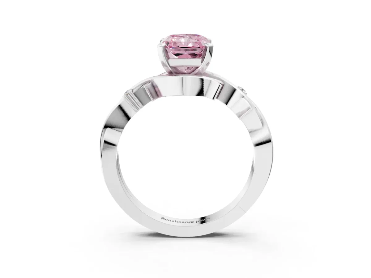 Fancy Pink Radiant Cut Diamond Solitaire Ring with Twisted Band and Prong Setting Platinum