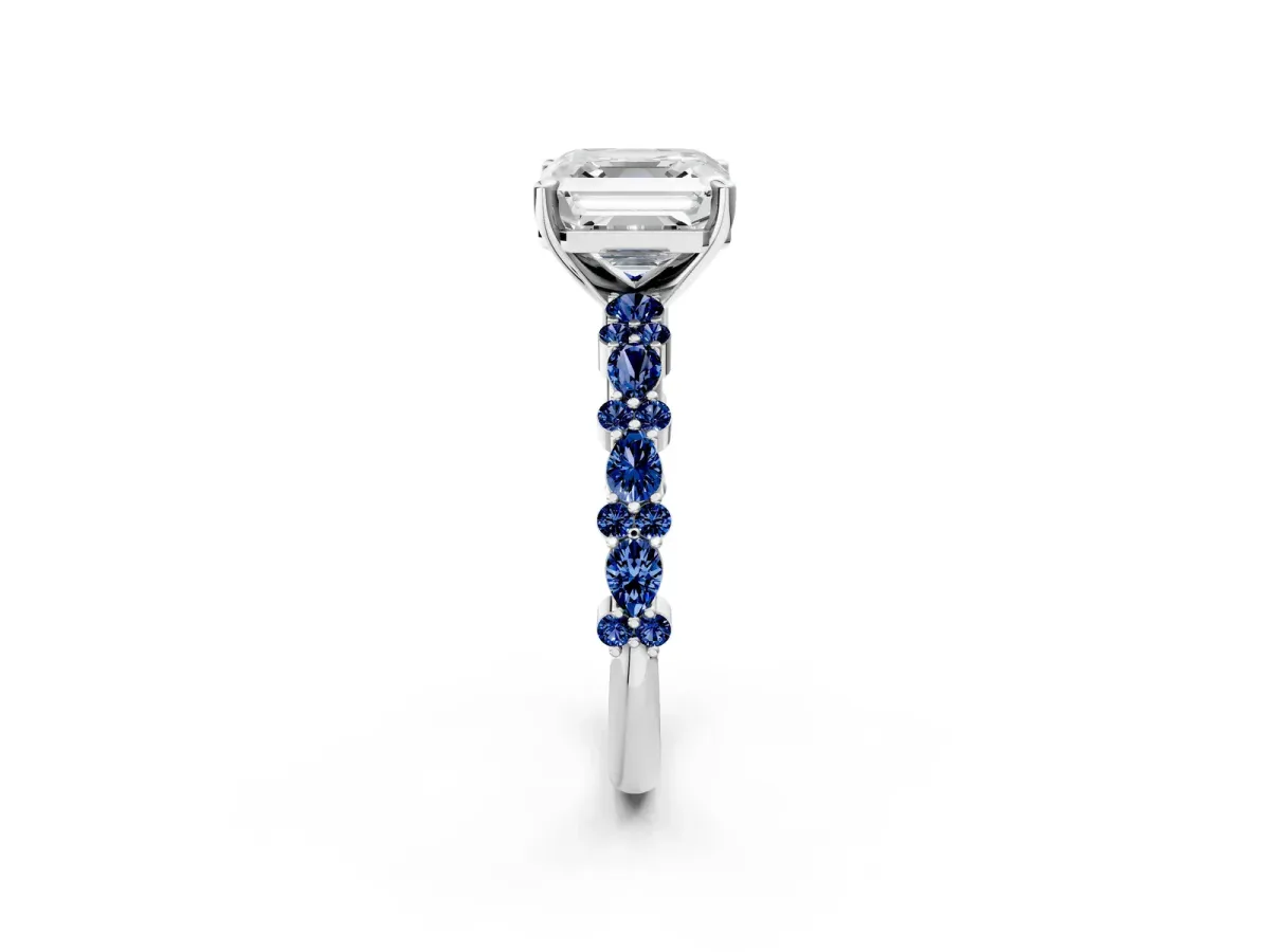 Asscher Cut Diamond Side Stone Solitaire Ring with Round Blue Sapphire and Four-Prong Setting Platinum