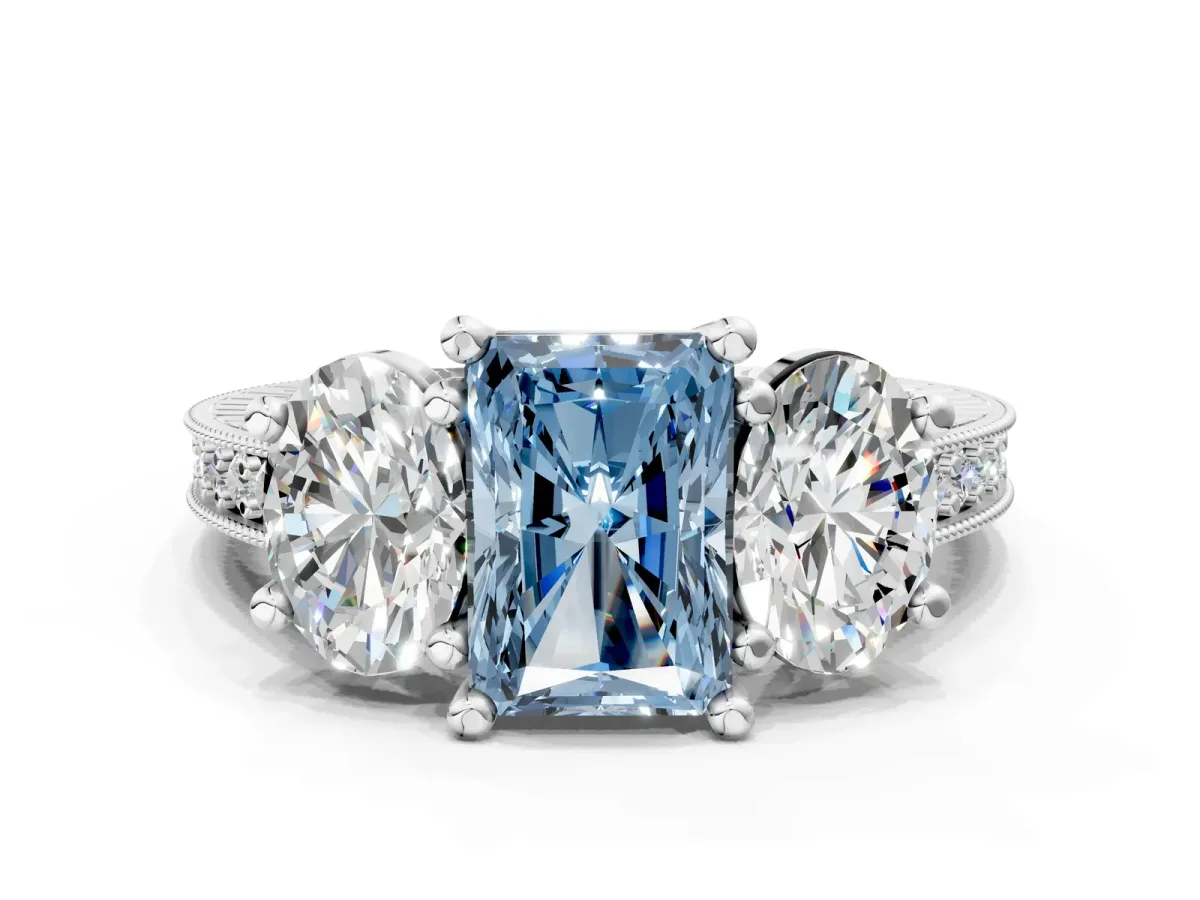 Fancy Blue Three-Stone Radiant Cut Diamond Milgrain Pave Band with Prong Setting Platinum