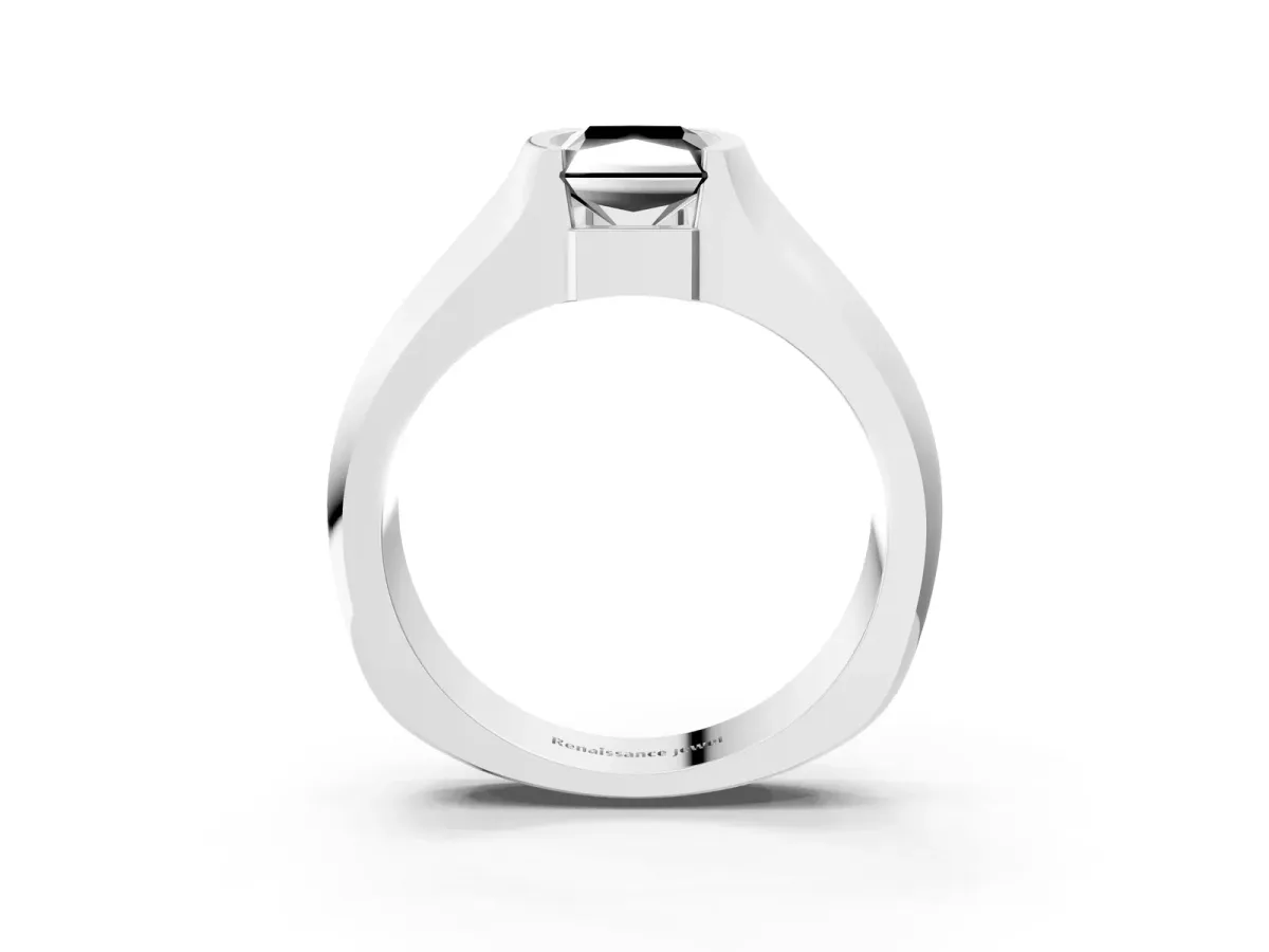 Fancy Black Radiant Cut Solitaire Bezel Set Diamond Ring with Wide Band Platinum
