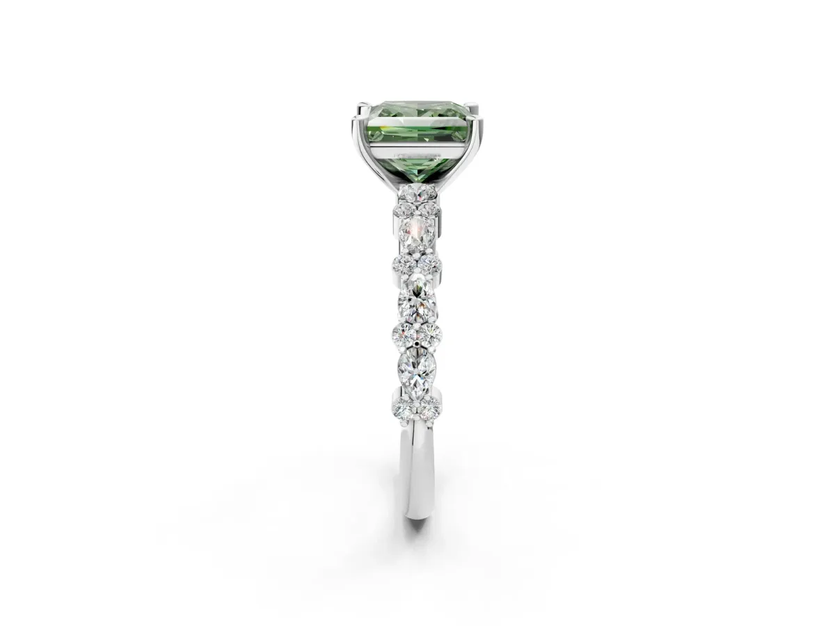 Fancy Green Princess Cut Diamond Side Stone Solitaire Ring with Round and Four-Prong Setting Silver