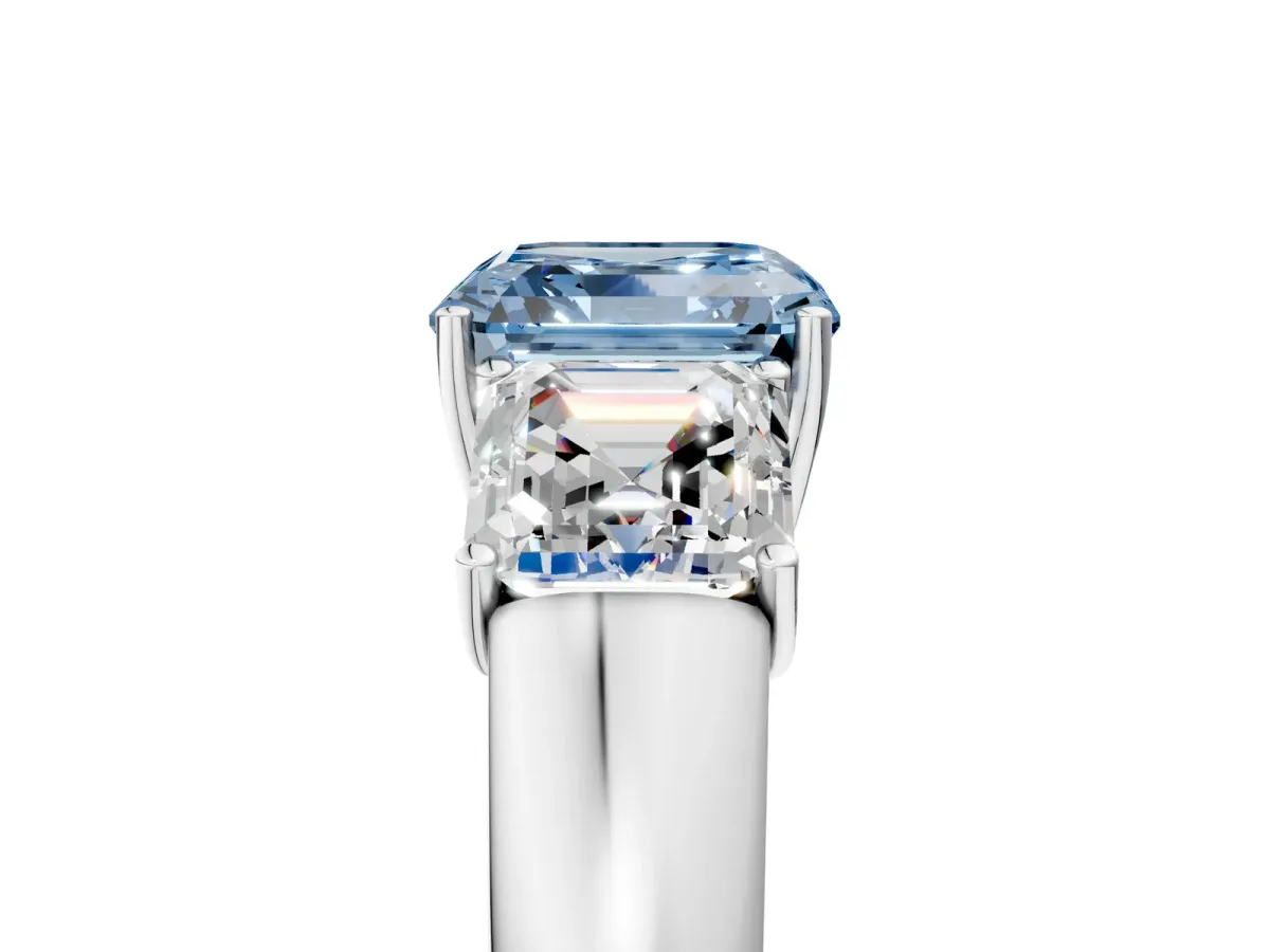 Fancy Blue Three-Stone Asscher Cut Cut Diamond Ring with Prong Setting and Classic Band Platinum