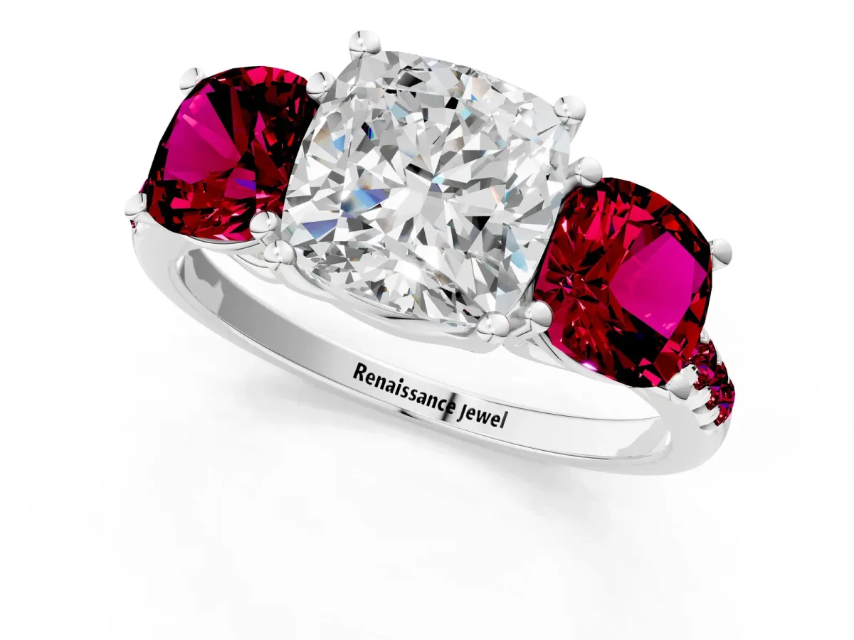 Three-Stone Cushion Cut Diamond Ring with Round Garnet Pavé Band and Prong Setting Silver