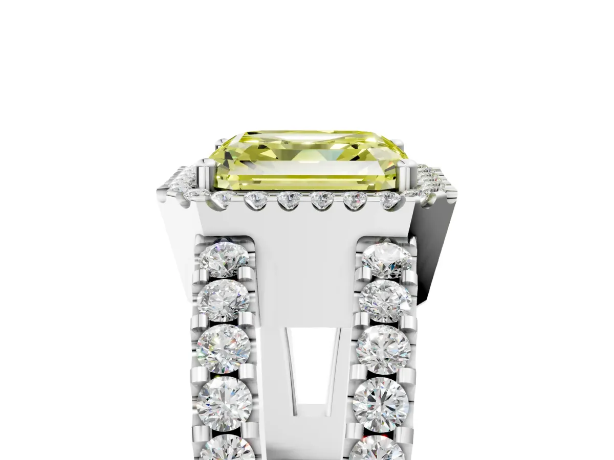 Fancy Yellow Asscher Cut Cut Halo Split Shank Diamond Ring with Four-Prong Setting Platinum