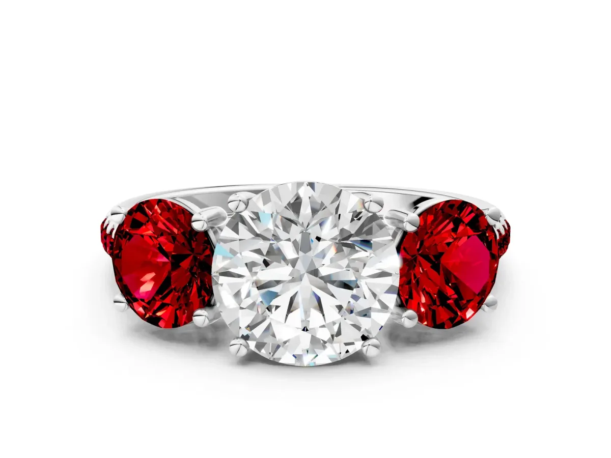 Three-Stone Round Cut Diamond Ring with Round Ruby Pavé Band and Prong Setting White gold