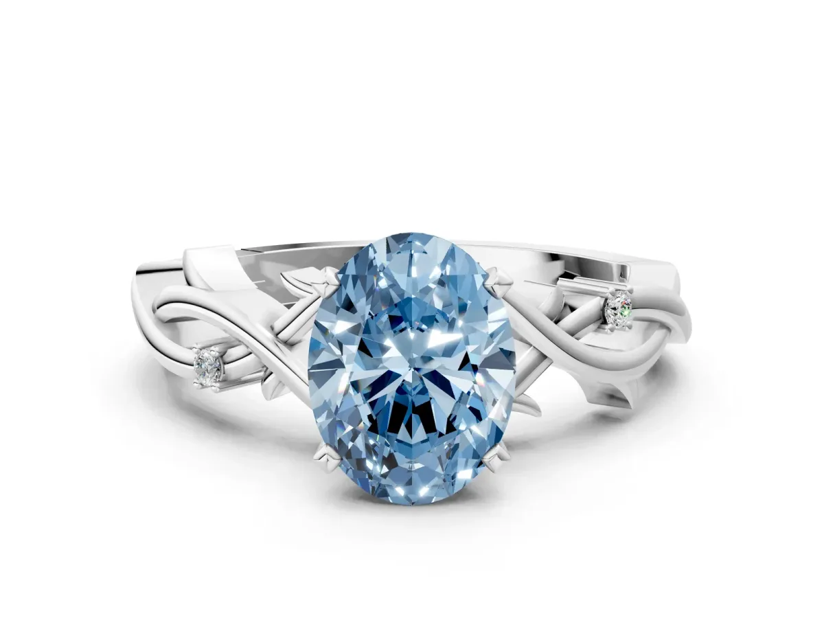 Fancy Blue Oval Cut Diamond Solitaire Ring with Twisted Band and Prong Setting Platinum