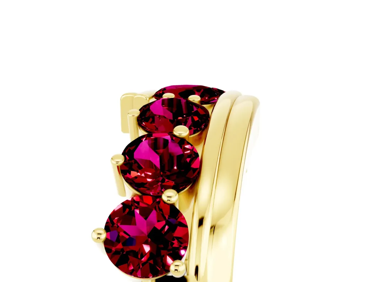 Round Garnet Wave Band with Channel and Shared Prong Setting Yellow gold