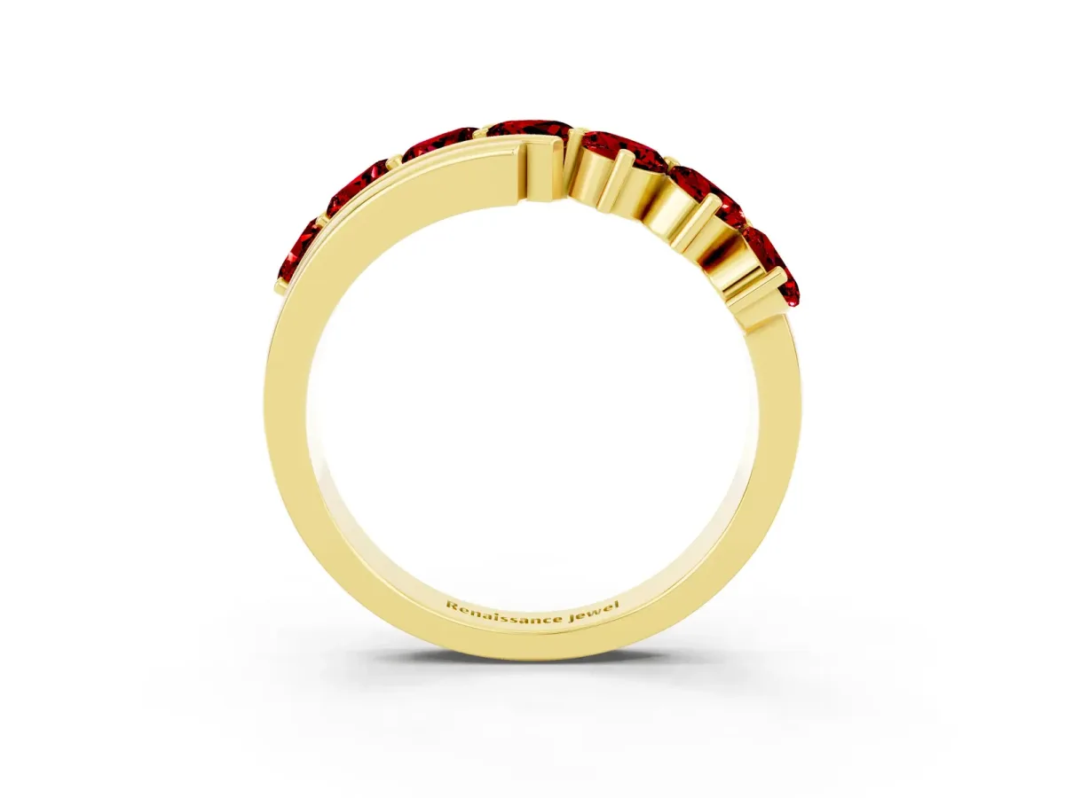 Round Ruby Wave Band with Channel and Shared Prong Setting Yellow gold