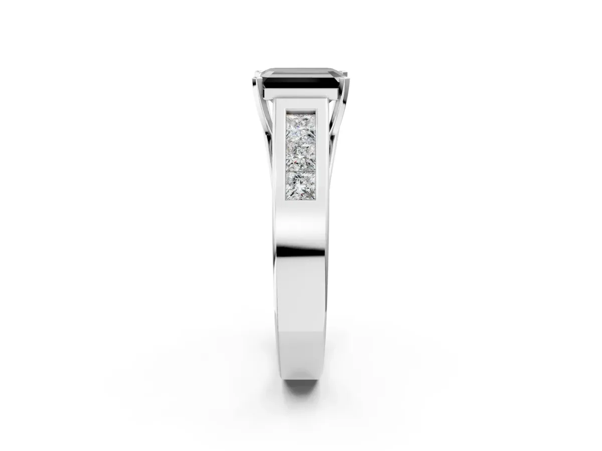 Fancy Black Emerald Cut Cut Channel Set Solitaire Ring with Four-Prong Setting Platinum