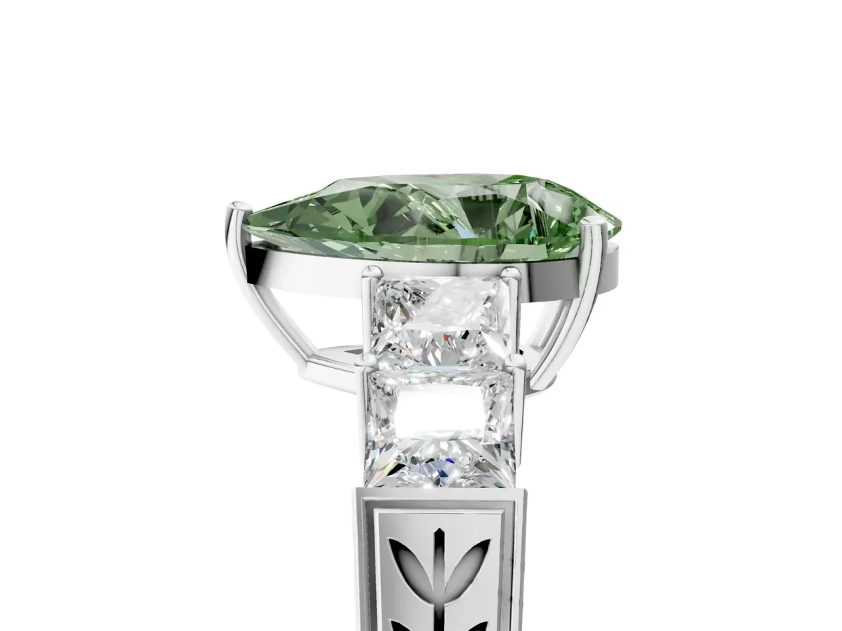 Fancy Green Pear Cut Solitaire Princess Side Stone Engraved Band Prong Setting Ring Platinum