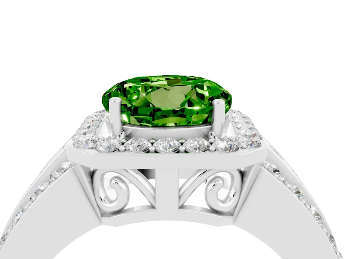 Round Cut Halo Peridot Ring with Round Split Shank and Prong Setting White gold