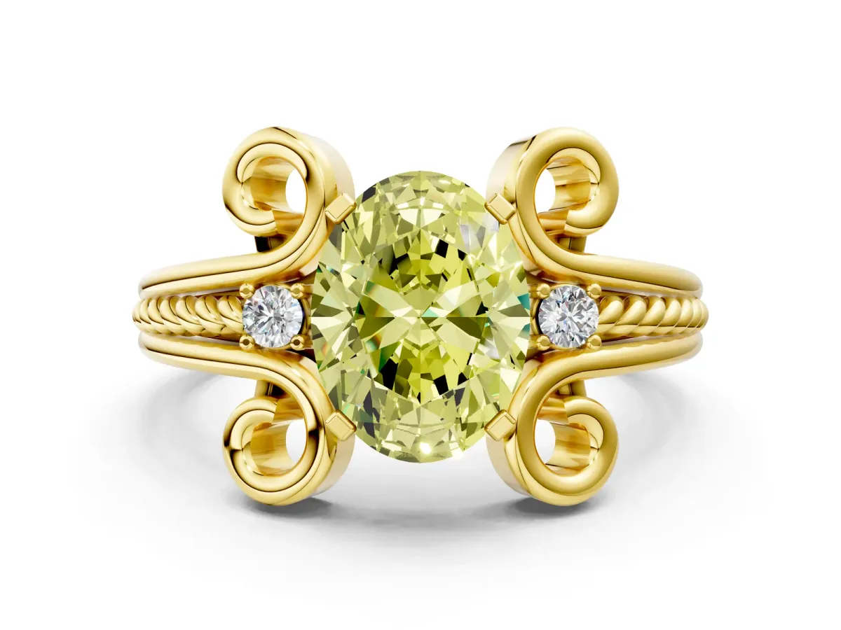 Fancy Yellow Oval Cut Solitaire Twisted Band Scroll Prong Ring Yellow gold