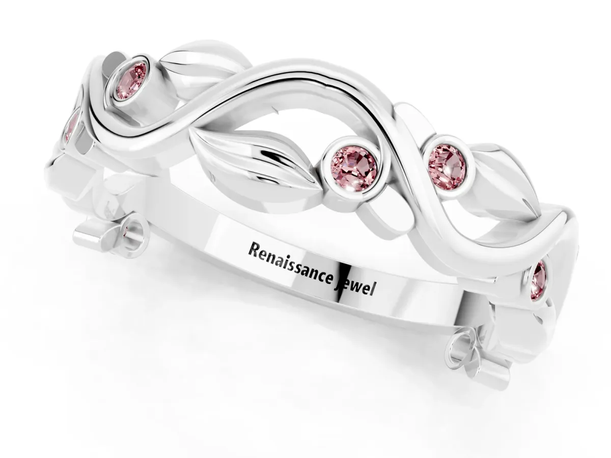 Round Morganite Leaf Eternity Band with Bezel Setting White gold
