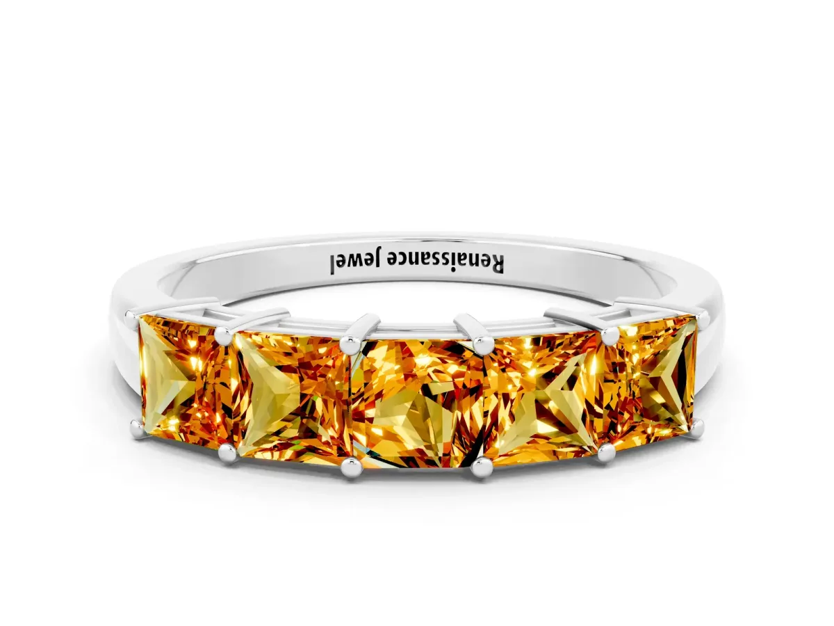 Princess Cut Five-Stone Citrine Band with Prong Setting Platinum