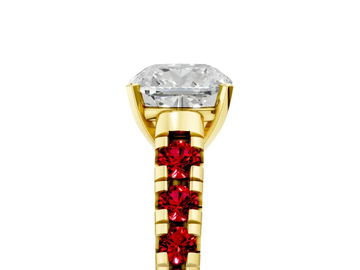 Cushion Cut Diamond Cathedral Solitaire Ring with Round Ruby Pavé Band Yellow gold