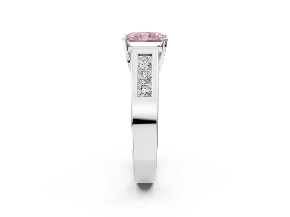 Fancy Pink Radiant Cut Cut Channel Set Solitaire Ring with Four-Prong Setting Platinum