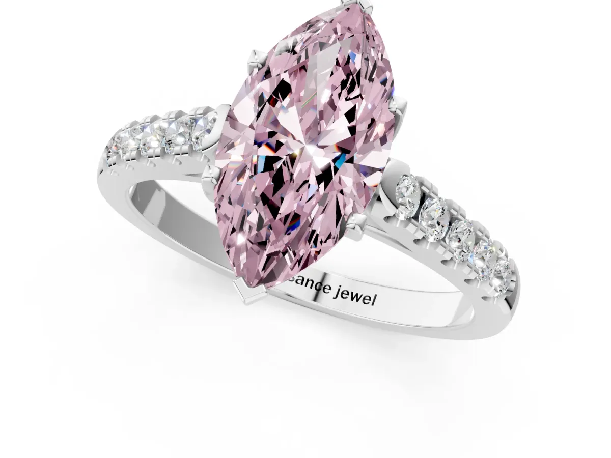 Fancy Pink Marquise Cut Diamond Pavé Band Solitaire Ring with Prong Setting Silver