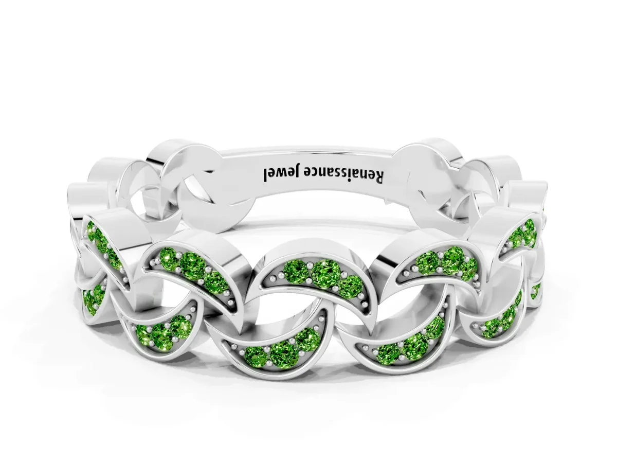 Pavé Round Peridot Interlocking Eternity Band with Bezel Prong Setting Platinum