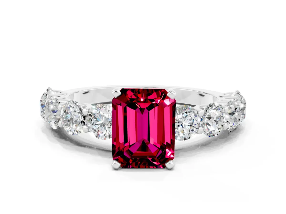 Emerald Cut Garnet Prong Setting with Side Stones on a Pave Band Platinum