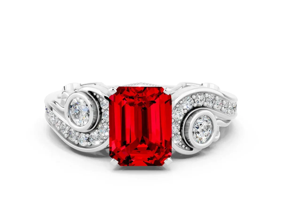 Emerald Cut Ruby Solitaire Ring with Milgrain Pavé Band and Four-Prong Setting Silver